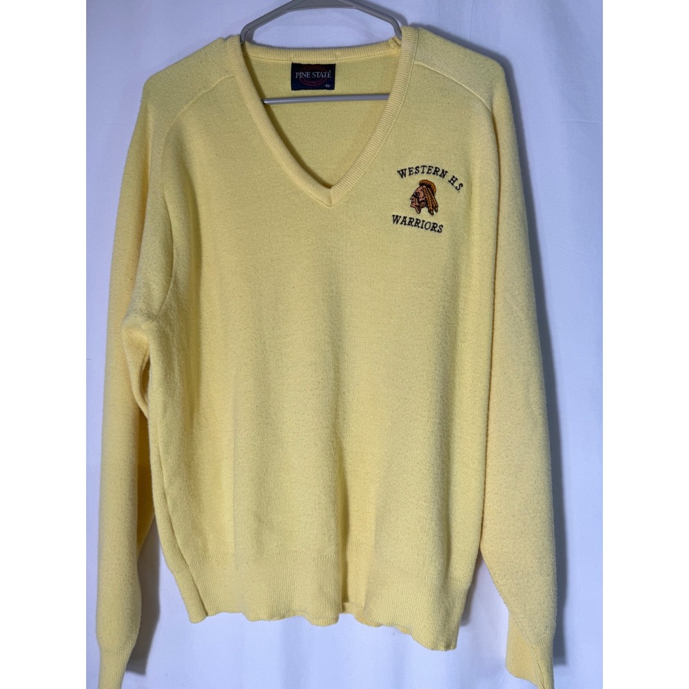 Vintage Pine State Western HS Warriors V-Neck Sweater Yellow Mens XL Made in USA